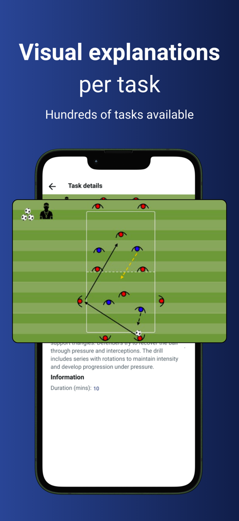 FutCoach - Diagrama táctico de un ejercicio de fútbol mostrando posiciones de jugadores y flechas de movimiento en un campo digital dentro de la aplicación FutCoach