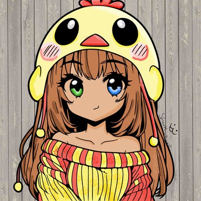 anime girl with chick shaped hat with sweater with bare shoulders with bangs covering them one eye with low tail