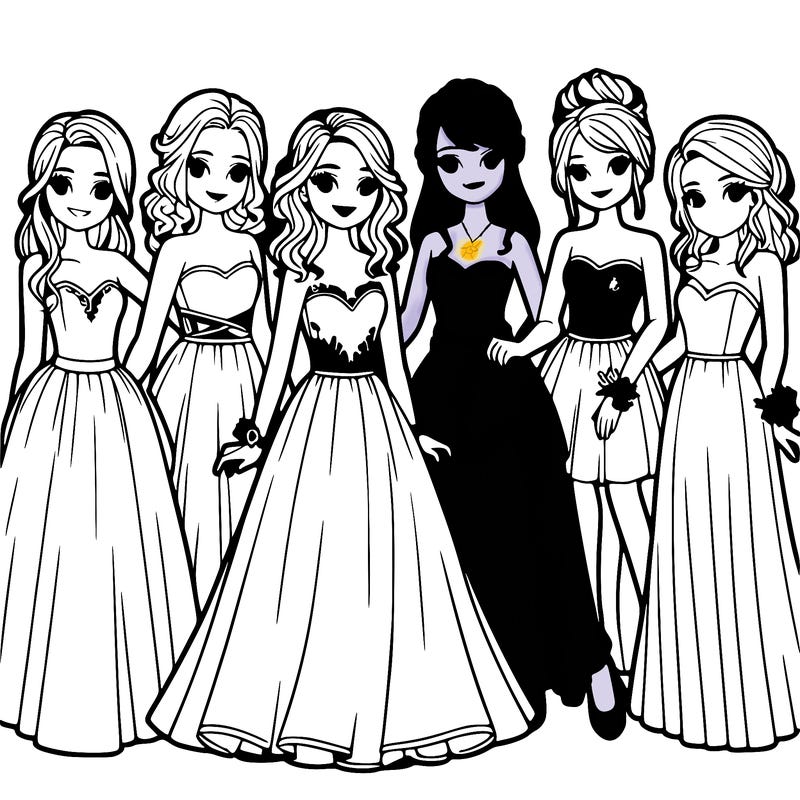 group of teenage girls in prom dresses
