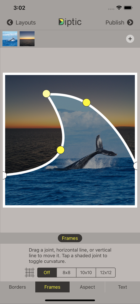 Diptic app interface showing adjustable curved frame joints for a photo collage of a whale and a sunset.