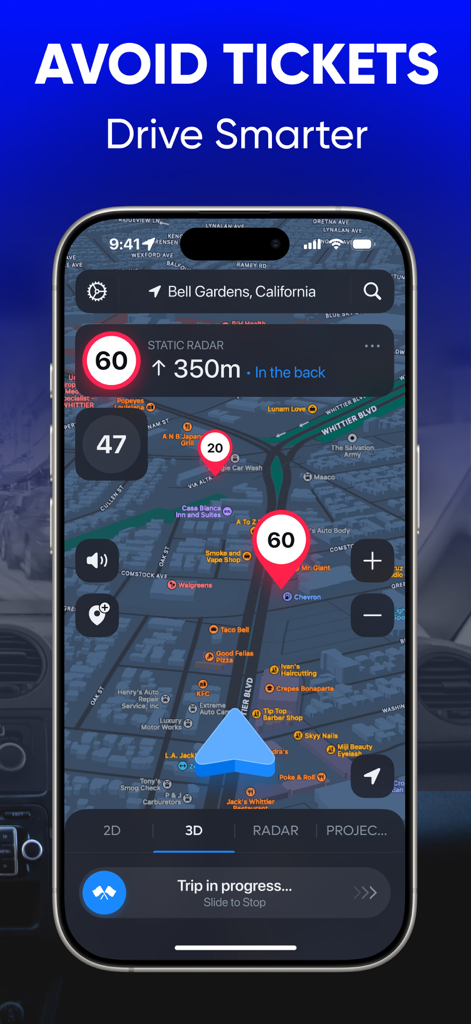 Interfaz de la aplicación Detector de Radares mostrando un mapa de navegación 3D con alertas de cámaras de velocidad e indicadores de límite de velocidad en la pantalla de un smartphone.