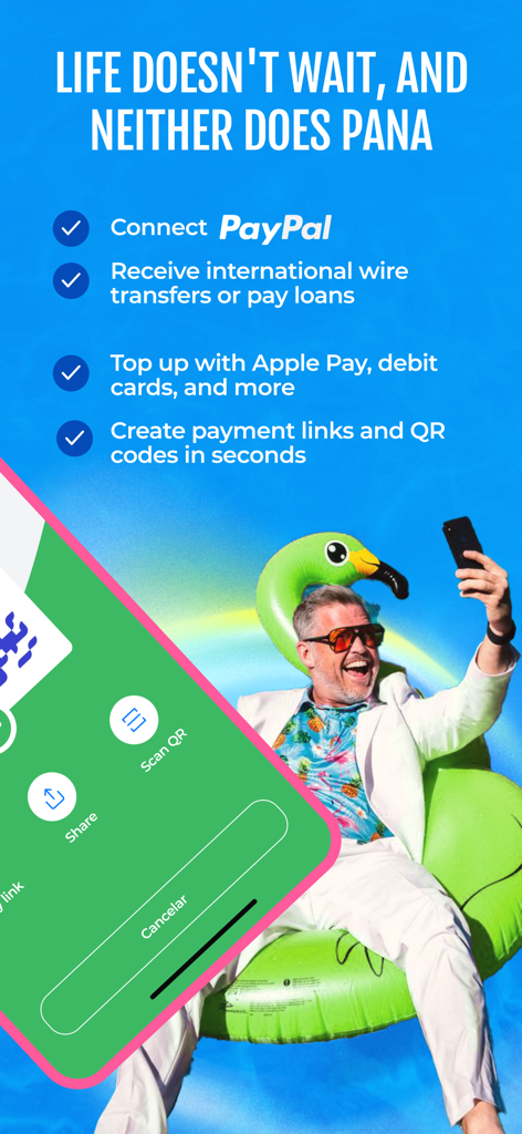 Pana app interface showcasing features like PayPal connection international wire transfers and QR code payments