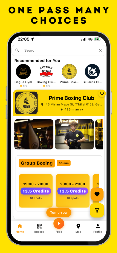 SmartClass App - SmartClass App interface showing boxing class booking options and credit costs for a studio in Georgia