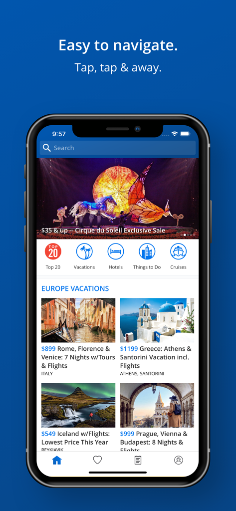 Travelzoo Hotel & Travel Deals - Interfaz de la aplicación móvil Travelzoo que muestra ofertas de vacaciones seleccionadas en Europa y categorías de navegación.