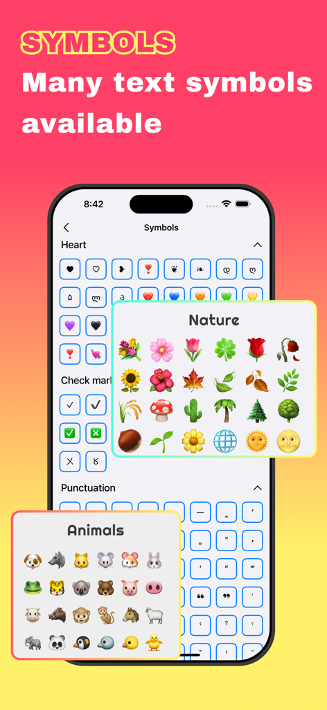 Cool Symbols & Characters - Interface of the Cool Symbols and Characters app displaying symbol categories including Nature, Animals, and Heart emojis
