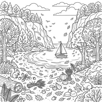Discover the peaceful charm of a secluded cove beach adorned with the rich details of autumn. This delightful coloring page invites you to bring the beauty of fall to life with your favorite hues, featuring a serene sailboat, woodland animals, and harvest bounty.