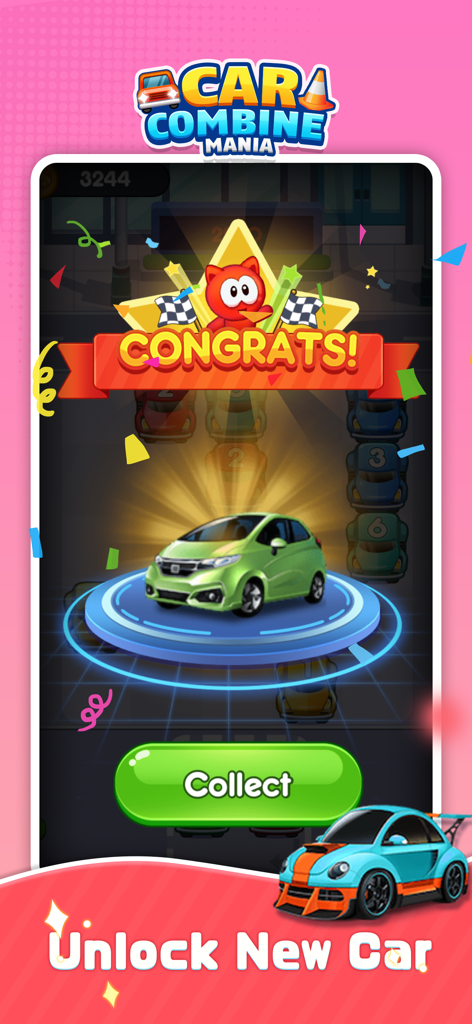 Car Combine Mania - A congratulations screen in Car Combine Mania showing a newly unlocked green car on a platform with a collect button