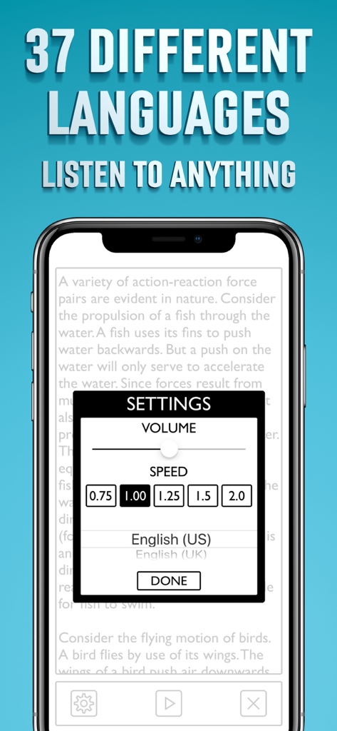 音量、速度、37種類の言語の音声設定が表示されているテキスト読み上げアプリのインターフェース