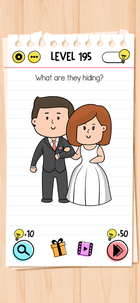Livello 195 di Brain Test: Puzzle Insidiosi con una sposa e uno sposo in stile cartone animato e la domanda Cosa stanno nascondendo?