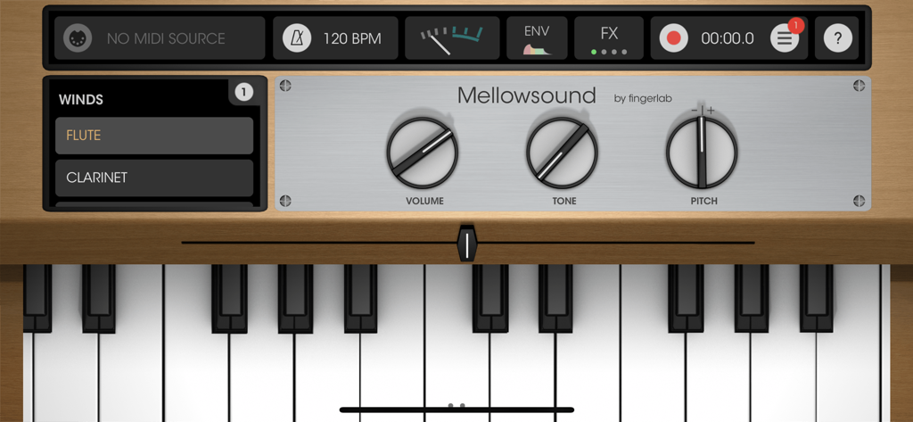 Mellowsound - Aplicativo móvel Mellowsound com uma interface estilo Mellotron vintage com botões e teclas
