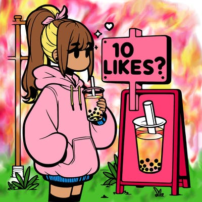 girl with oversized hoodie drinking boba and she has a high ponytail with a sign that says 10likes?