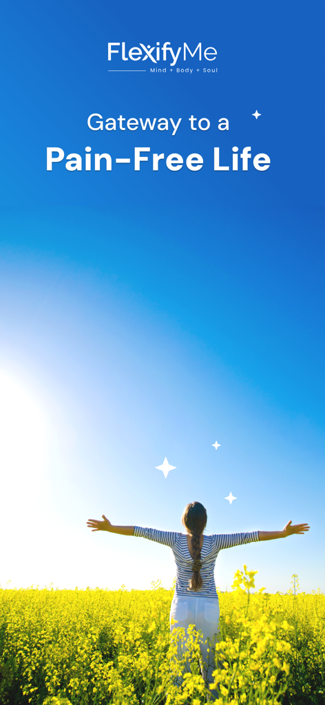 A woman with outstretched arms in a sunny flower field representing a pain free life on the FlexifyMe app