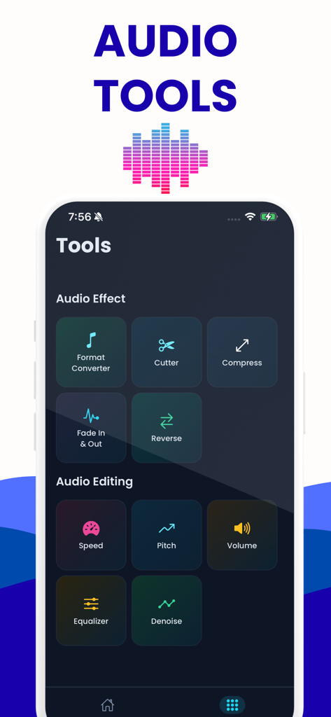 Video to Audio Converter - mp3 - Interfaz de la aplicación móvil mostrando herramientas de edición de audio que incluyen convertidor de formato, velocidad, tono y ecualizador