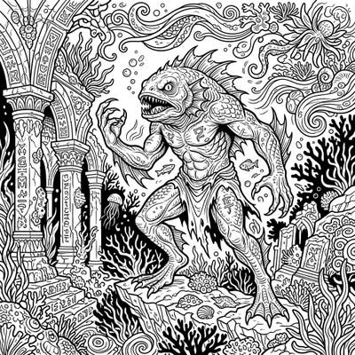 Embark on a thrilling coloring adventure with this intricate Eldritch Deep One design, perfect for teens fascinated by the Cthulhu Mythos. Explore a world of ancient aquatic horrors and bring this legendary creature to vibrant life with your unique palette.