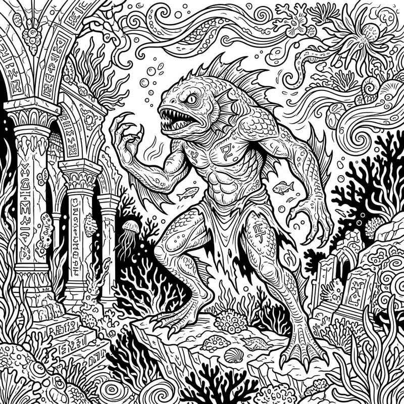 Embark on a thrilling coloring adventure with this intricate Eldritch Deep One design, perfect for teens fascinated by the Cthulhu Mythos. Explore a world of ancient aquatic horrors and bring this legendary creature to vibrant life with your unique palette.