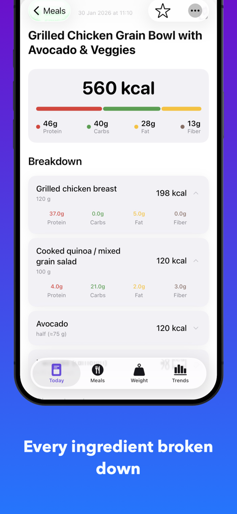 helian - AI Calorie Counter - Detailed meal ingredient breakdown and calorie count in the helian app