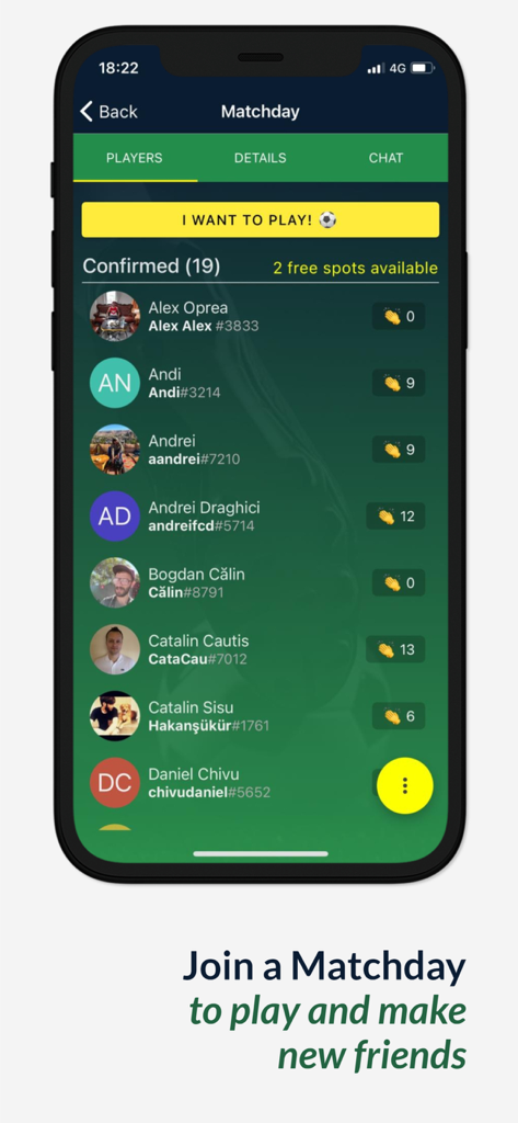 Playerfy - Playerfyアプリの画面。サッカ​​ーの試合日の確定プレイヤーのリストと参加ボタンを表示。