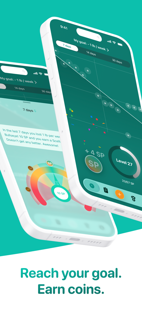 Scelta: Weight Loss Tracker - Scelta weight loss tracker interface showing gamified RPG elements and data charts