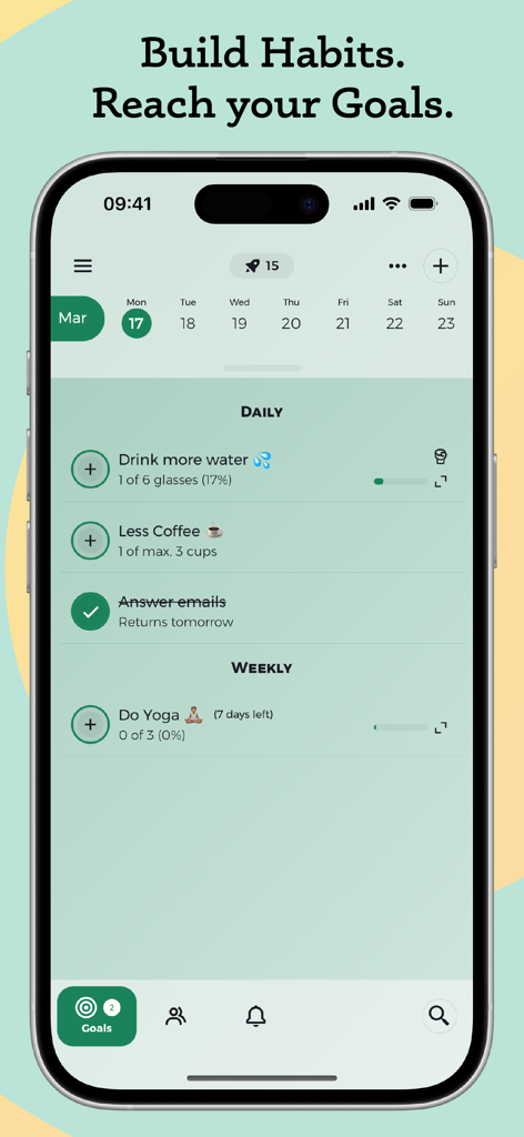 Habit Tracker by Goalify - A screenshot of the Goalify habit tracker app on an iPhone showing daily and weekly goal lists