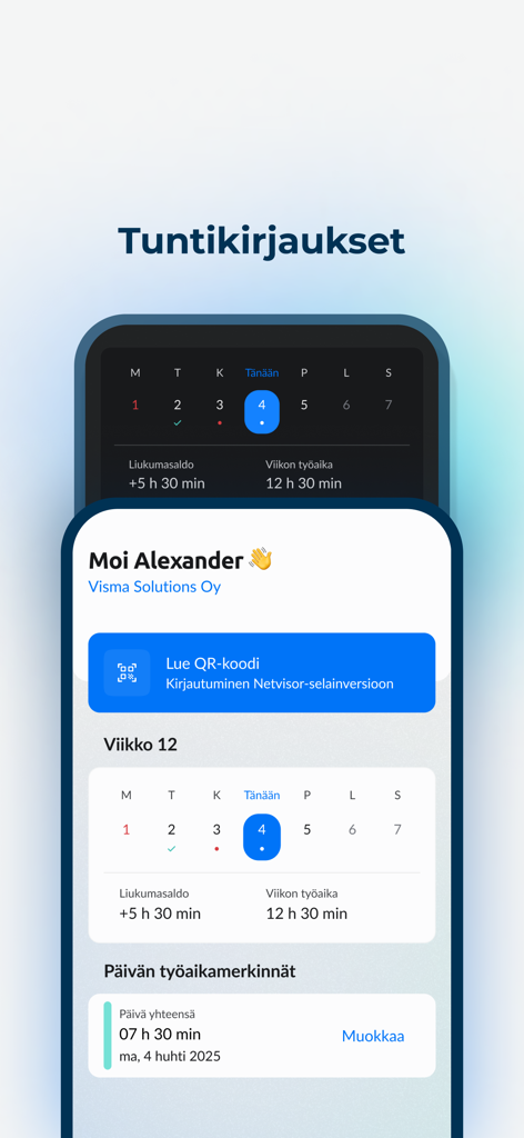 Netvisor - Netvisor mobile app interface showing time tracking entries, weekly working hours summary, and a QR code login button.