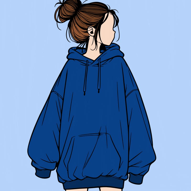 realistic girl with a oversized sweatshirt on and a bun
