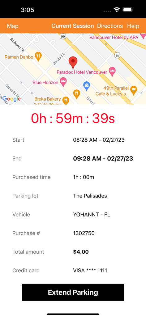 hangTag Canada: Park & Go - hangTagアプリの現在の駐車セッション画面。カウントダウンタイマー、駐車場の詳細、駐車延長ボタンが表示されています。