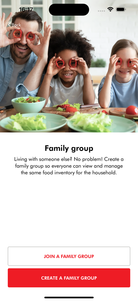 ZWILLING App - ZWILLING app interface for creating and joining a family group to manage shared food inventory
