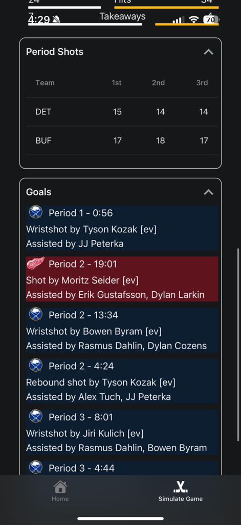 NHL 게임 시뮬레이터 앱 화면, 시뮬레이션된 경기별 기간별 샷 수 및 상세 득점 선수 표시