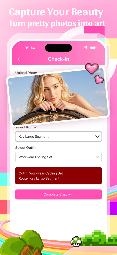 Velo: Cycle Crew - Interface of Velo Cycle Crew app for checking in with cycling outfits and scenic routes