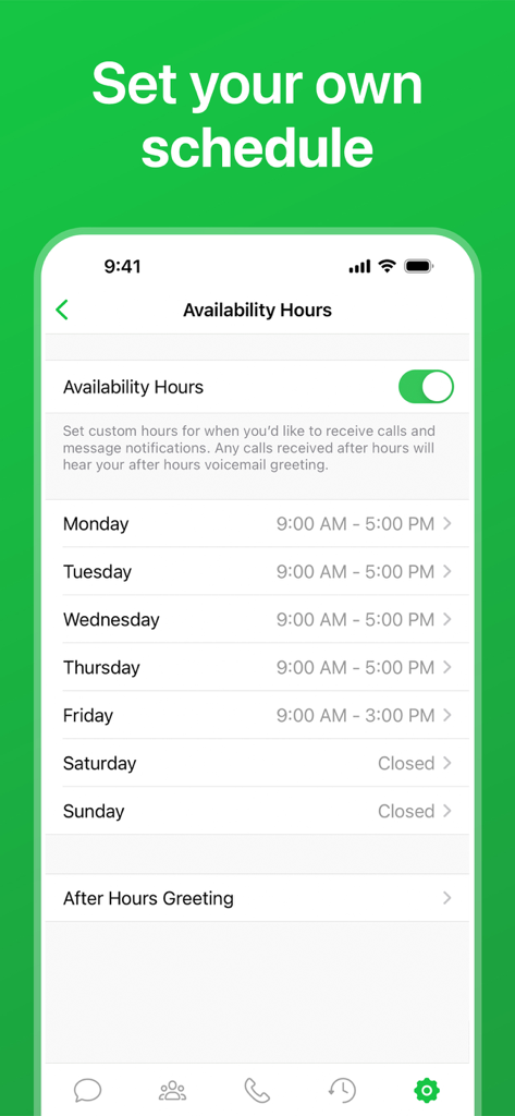 Mobile screen showing the custom availability hours feature for managing call and message notifications by day and time.