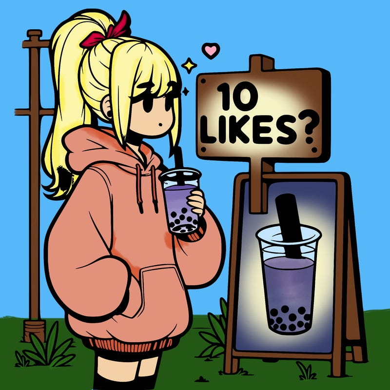 girl with oversized hoodie drinking boba and she has a high ponytail with a sign that says 10likes?