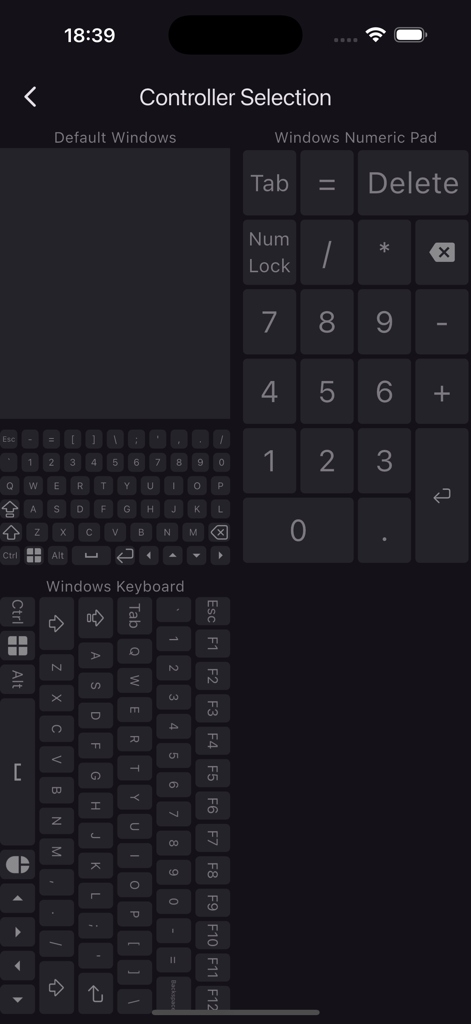 Remote Keyboard & Mouse - Controller selection screen with options for remote trackpad, numeric keypad, and full Windows keyboard layout.