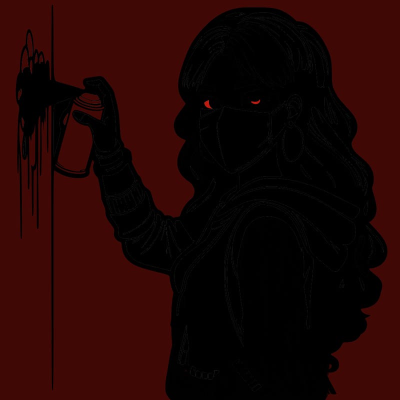 realistic girl with mask spray painting a wall