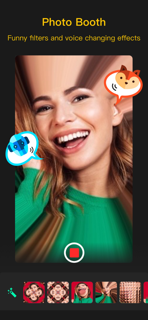 Voice Changer Recorder - Interface da Cabine de Fotos do aplicativo Gravador Modificador de Voz mostrando uma mulher usando filtros de rosto engraçados e efeitos de mudança de voz