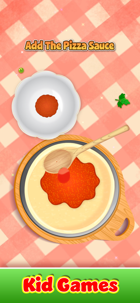 Cooking Games: Pizza Maker - A wooden spoon spreading tomato sauce on pizza dough in the Cooking Games Pizza Maker app