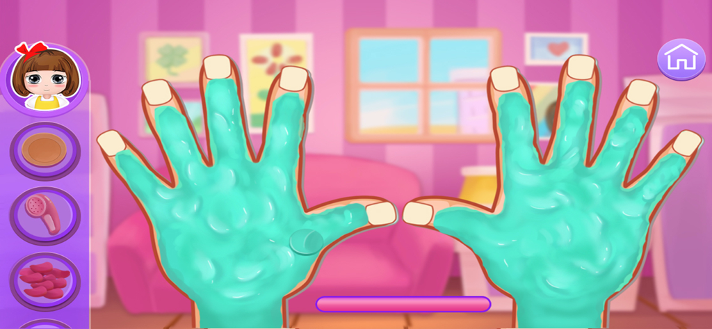 Two hands covered in teal soap bubbles during a treatment step in the Bella hand care salon game