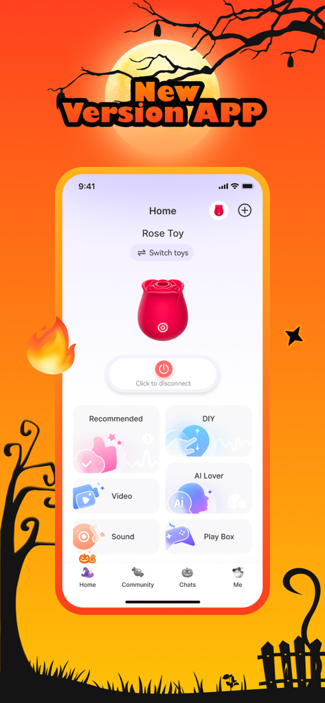 Joyhub mobile app home screen displaying remote toy control and wellness features