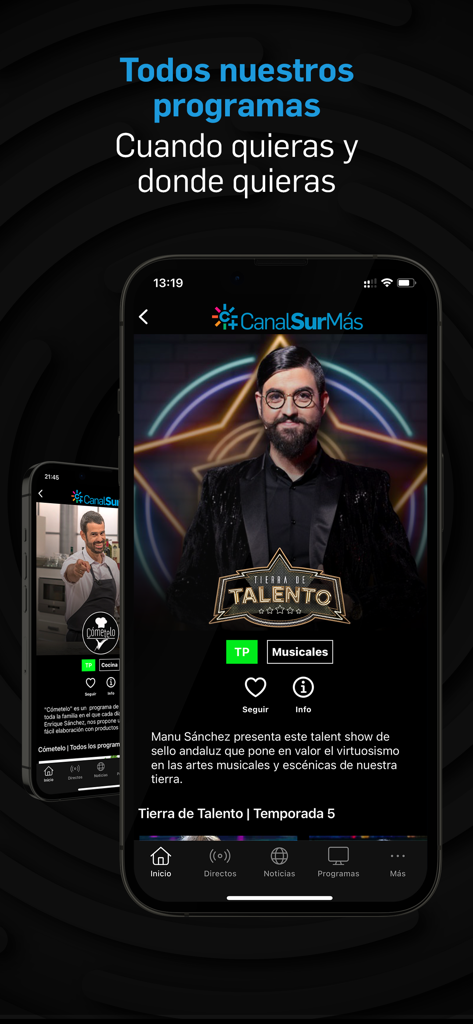 CanalSur Mas app interface on a smartphone showing the program Tierra de Talento with host Manu Sanchez