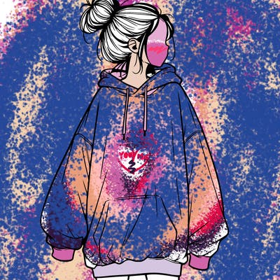 realistic girl with a oversized sweatshirt on and a bun