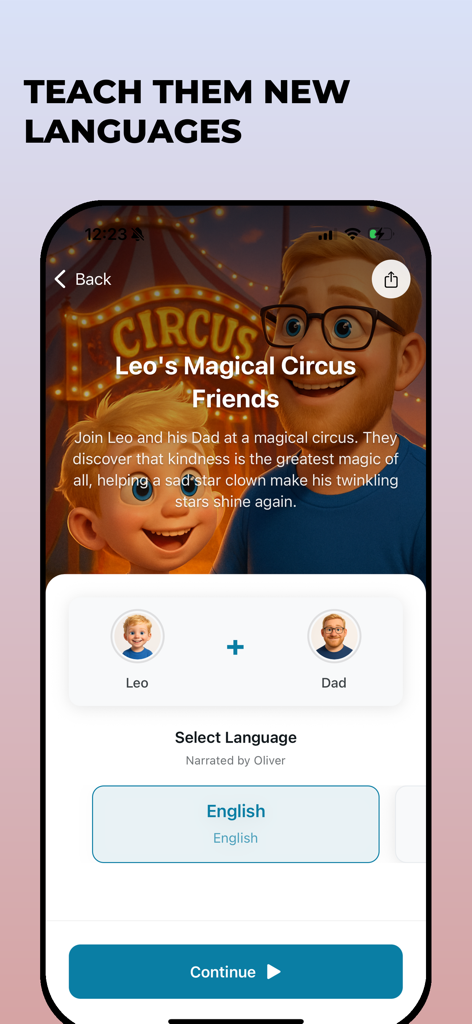 Dreema: Bedtime Stories AI - Interface for selecting story language in the Dreema AI bedtime stories app featuring personalized child and parent avatars.