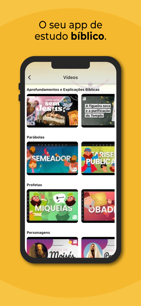 Mobile interface of the Biblia Sagrada Mobidic app showing various biblical video study categories like Parables and Prophets