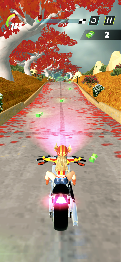 Wild Wheels: Bike Race - Una piloto femenina en una motocicleta compitiendo en una pista cubierta de hojas rojas mientras recolecta dinero.