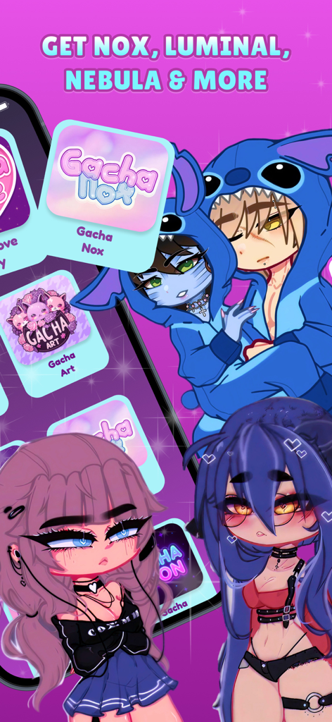 GachaHub - Mods for Gacha Life - Interface of GachaHub app showing various character mods and aesthetic skins for Gacha Life