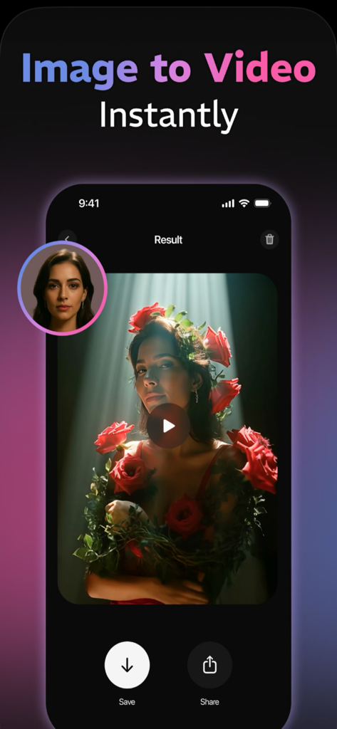 Vivideo.ai: AI Video Generator - Vivideo.ai app interface showing the image to video feature with a cinematic portrait result