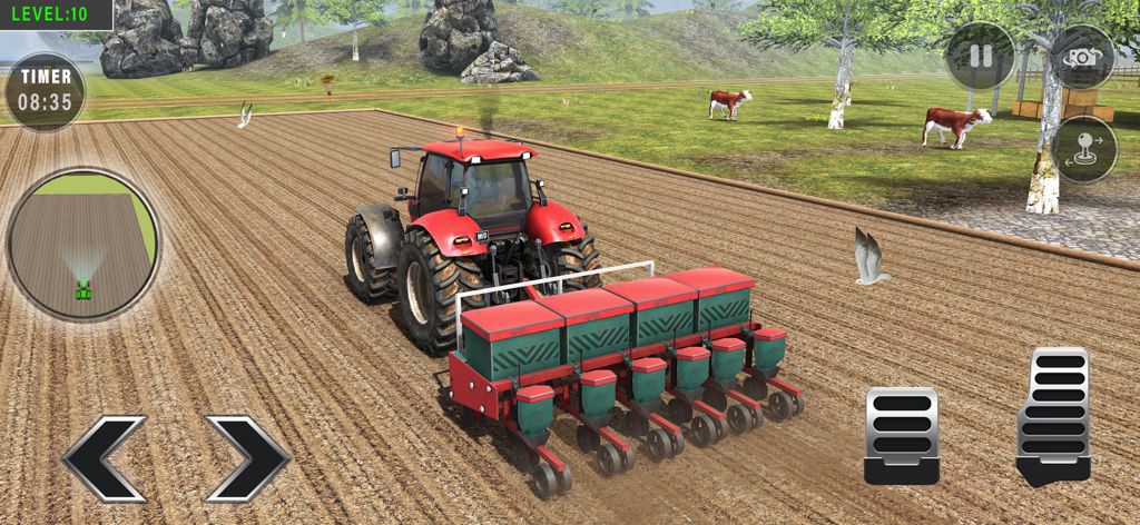 Farming Simulator - 24 - A red tractor sowing seeds in a plowed field in a 3D farming simulation game with a UI showing levels and controls.