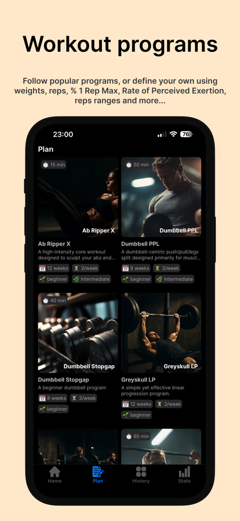 Titan Workout Tracker - Titan Workout Tracker app interface showing a library of training programs like Ab Ripper X and Greyskull LP