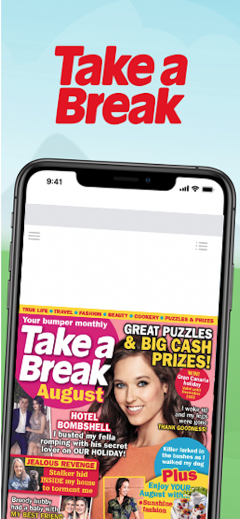 Take a Break Monthly Magazine August Ausgabe Cover auf einem Smartphone-Bildschirm