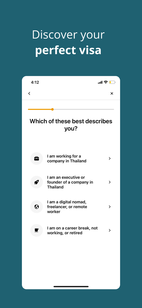 Questionnaire in the Issa Compass app to help digital nomads and professionals find the right Thai visa based on their employment status.