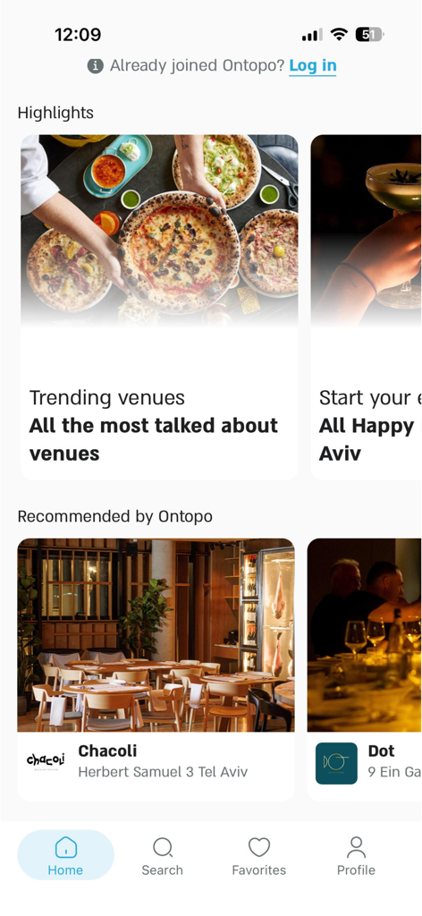 Home screen of the ontopo app featuring trending venues and curated restaurant recommendations