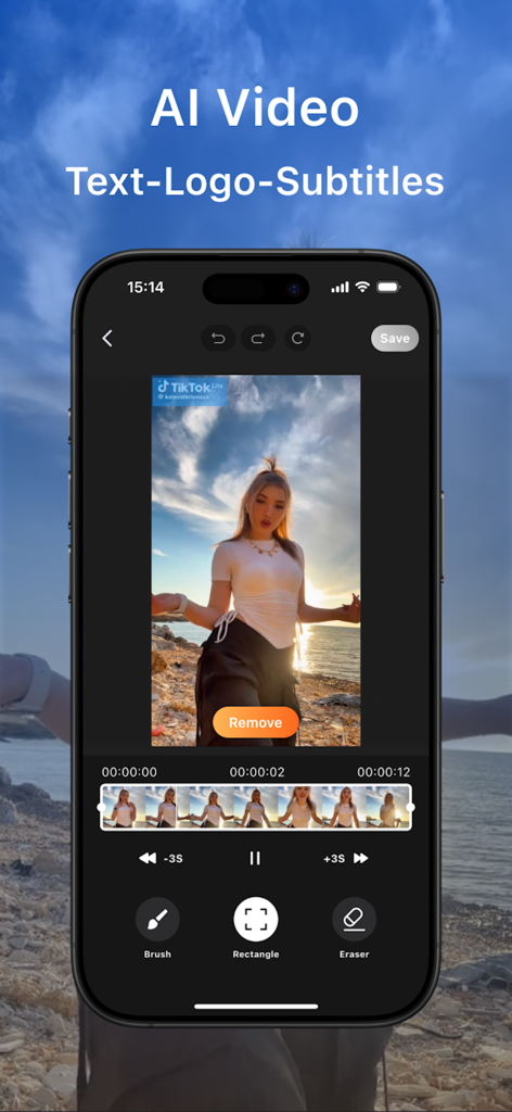 Unwatermark: Remove Objects AI - Mobile interface of Unwatermark app showing AI tools to remove a TikTok logo from a video